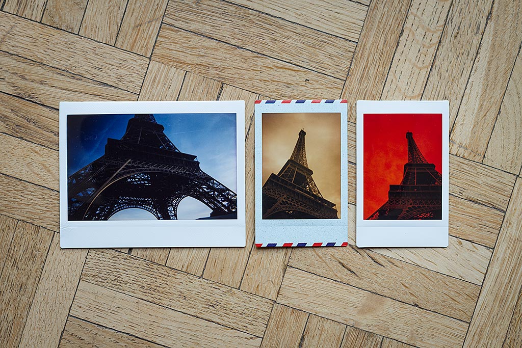 Le format Wide, à gauche, est aussi haut que le format Mini, mais plus large. Notez en revanche que l'Instax Mini permet plus de créativité et de fantaisie. La photo du milieu est prise avec une édition spéciale "Airmail", et les deux photos Mini sont faites avec des filtres de couleur.